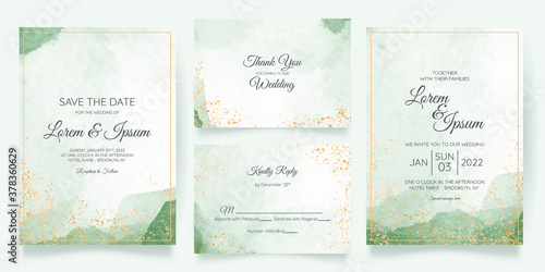 watercolor creamy wedding invitation card template set with golden floral decoration 