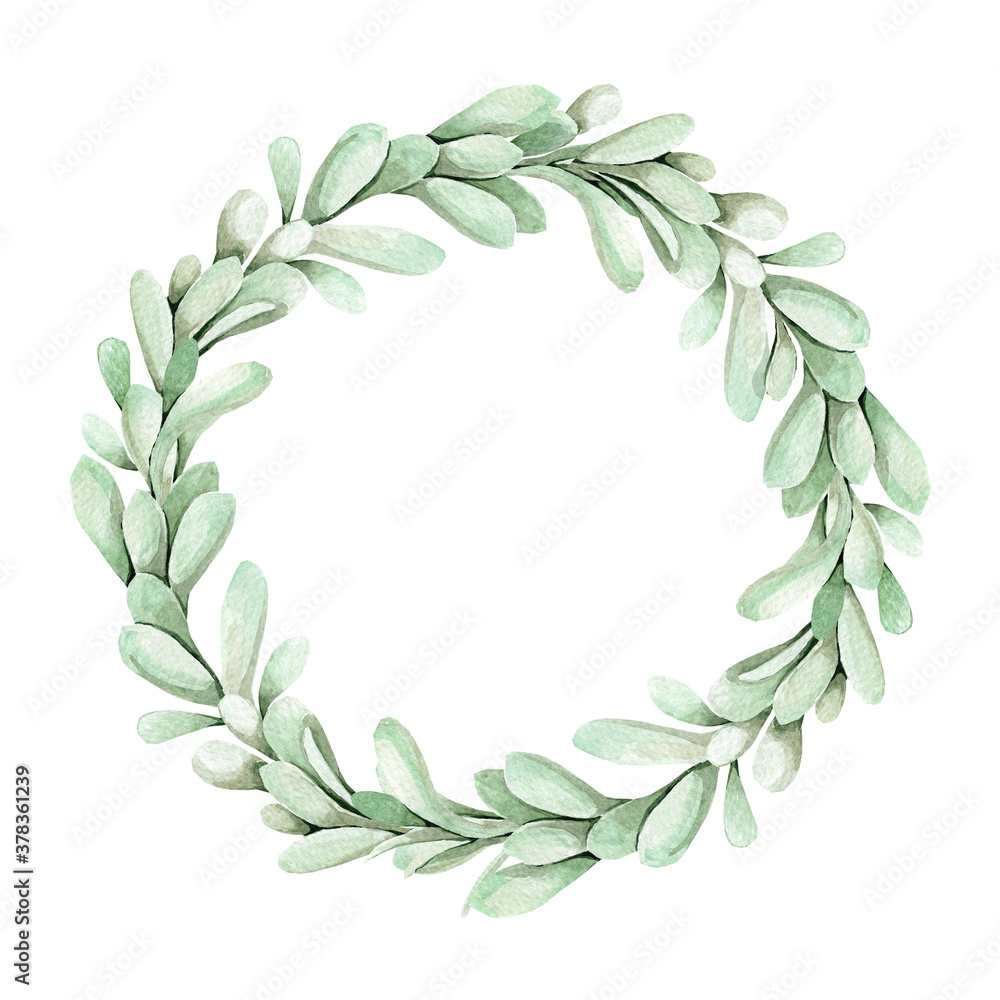 Watercolor Christmas wreath. Botanical frame with traditional plant decoration: mistletoe, Christmas tree branches and red berries. Holiday illustration isolated on white background.