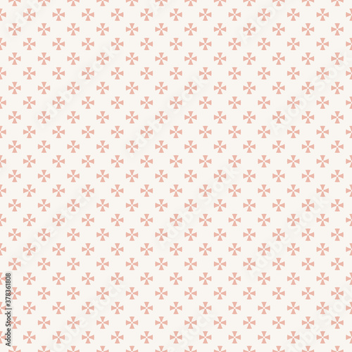 Simple minimalist seamless pattern. Vector abstract geometric floral background. Subtle ornament texture with small pink flowers, crosses. Repeat design for decor, wallpaper, wrapping, textile, cloth