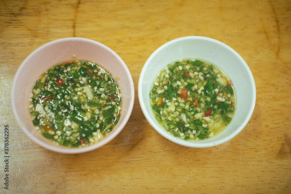 Thai seafood dipping sauce in two bowl Thai seafood dipping sauce in two bowl