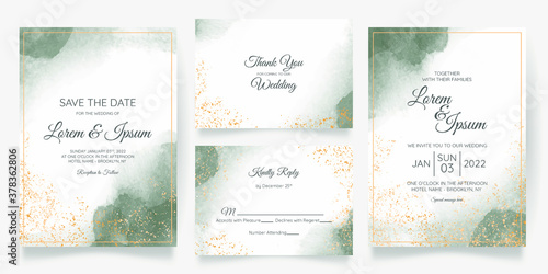 watercolor creamy wedding invitation card template set with golden floral decoration  © Budi