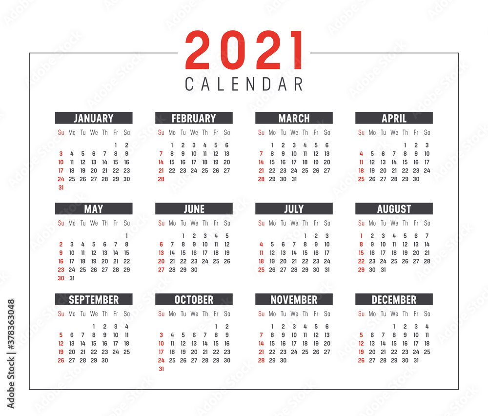 Year 2021 calendar isolated on white background. Week starts Sunday. Vector template.