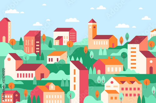 Vector geometric minimalist city. Flat city landscape elements with house, town building, residential houses, field, valley and trees for website, banner, poster. Urban landscape. Minimal cityscape