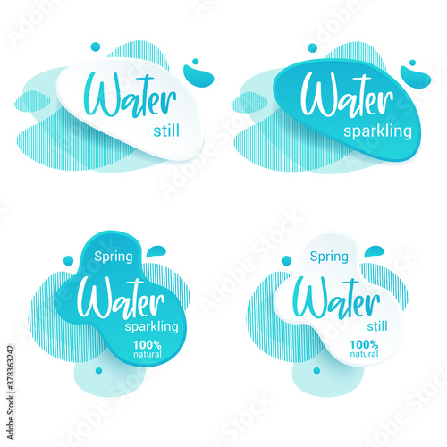 Mineral water tag. Blue label and stikers emblem with drops of water for web and print tag.Still and sparkling water label set. Vector illustration for you design.