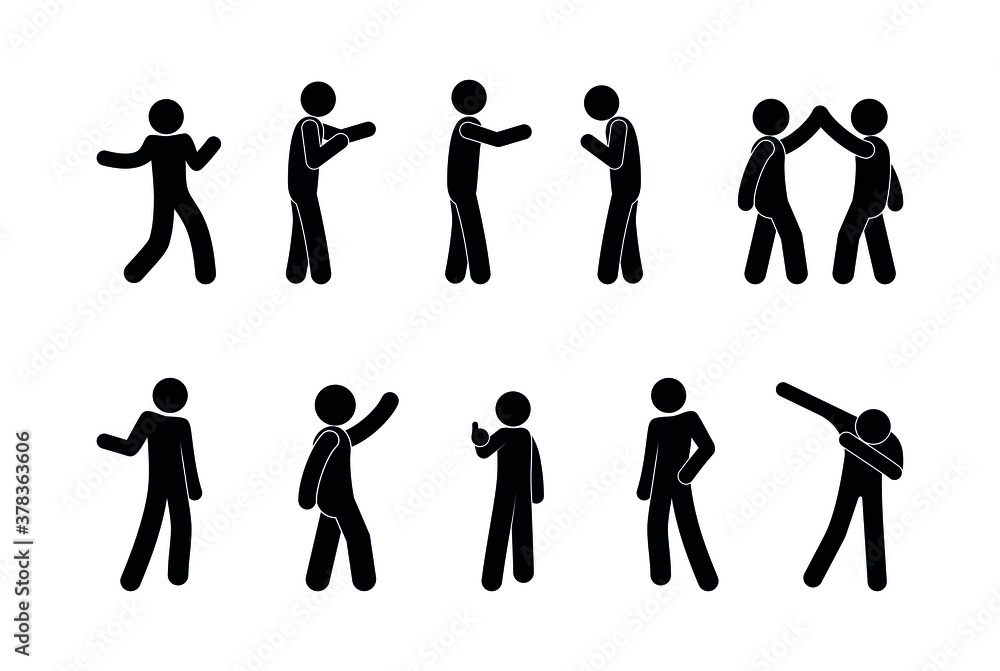 standing man illustration, people in various poses, stick figure pictograms set people isolated silhouettes - obrazy, fototapety, plakaty 
