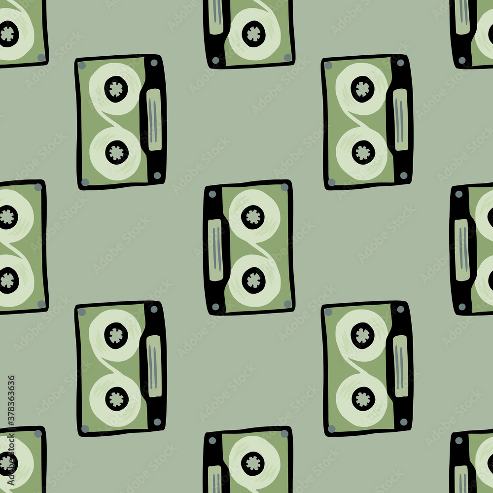 Green and black colored seamless cassette pattern. Grey background. Stylized disco 80s print.