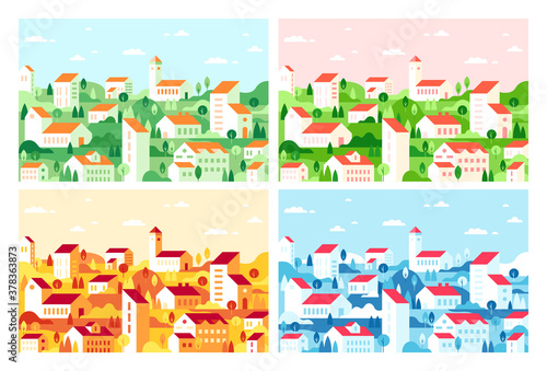 Vector geometric minimalist city. Flat city landscape with house, field, valley and trees for website, banner, poster. Winter, spring, summer and autumn. Urban landscape. Four seasons in the city