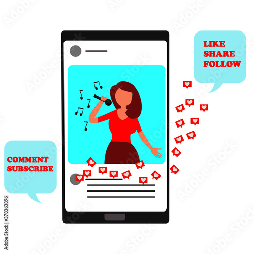 flat vector illustration of women singing on social media with likes,social media influencer