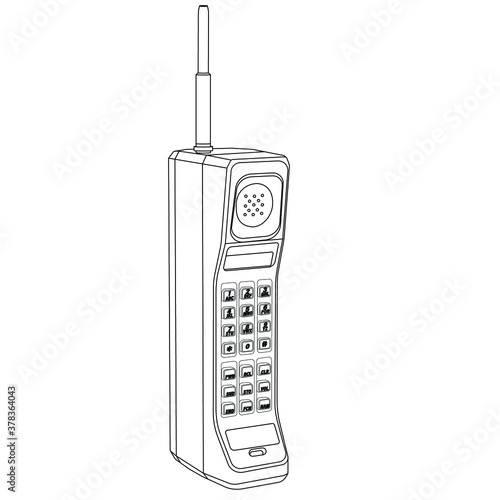 Big, old, cell phone with antenna. Black and white illustration of a contour. One of the first wireless phones. Brick