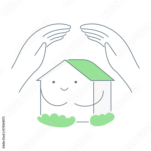 Home insurance, house protection, and security, eco-friendly green home. Cute cartoon funny house with linear hands above. Flat thin line vector illustration on white.