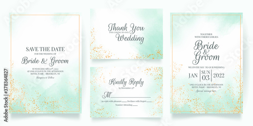 watercolor creamy wedding invitation card template set with golden floral decoration 