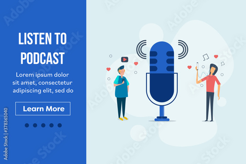 Listen to podcasting. People listening to podcast program with mobile devices, large micro phone with characters.  Audio podcast and digital marketing, production studio, live broadcasting concept. 