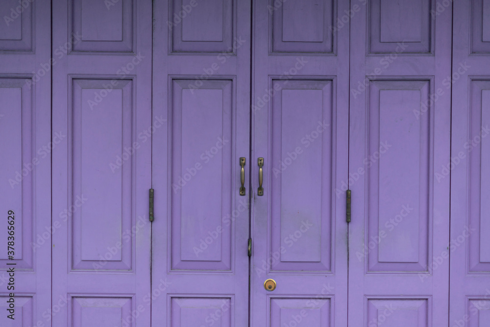 Closeup detailed texture of violet paint peeling off of an old wooden door.