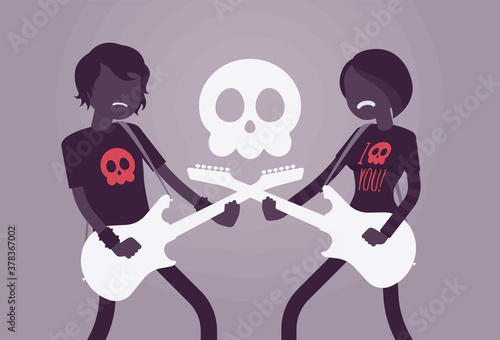 Counterculture young people with guitars, emotional and creative emo music. Teen boy, girl playing electroguitars, subculture fashion and behavior, skull symbol. Vector creative stylized illustration