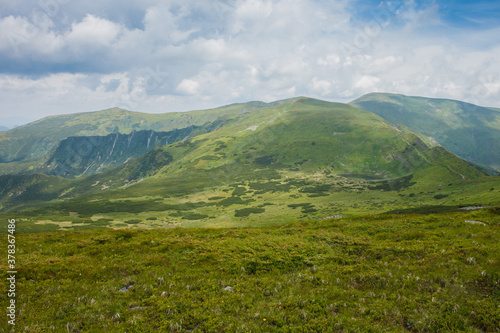 Mountain landscape. A view of the mountains with green meadows and coniferous forests against the background of beautiful clouds 