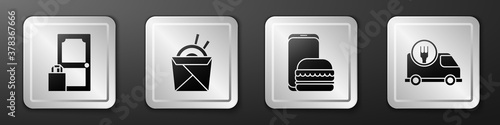 Set Online ordering and delivery, Asian noodles and chopsticks, Online ordering and delivery and Fast delivery by car icon. Silver square button. Vector.