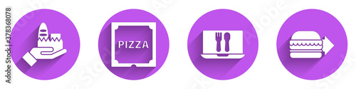 Set Online ordering and delivery, Pizza in cardboard box, Online ordering and delivery and Online ordering burger delivery icon with long shadow. Vector.