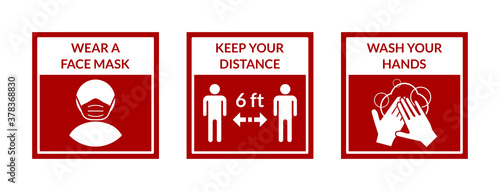 Square Warning Signs Showing a Basic Set of Measures against the Spread of Coronavirus Covid-19 including Wear a Face Mask, Keep Your Distance 6 ft or 6 Feet and Wash Your Hands. Vector Image.