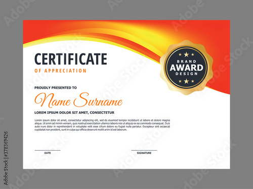 Abstract Smooth Certificate with Blurry Orange Wavy Element Design, Professional Modern Certificate with Golden Badge Sign Template Vector