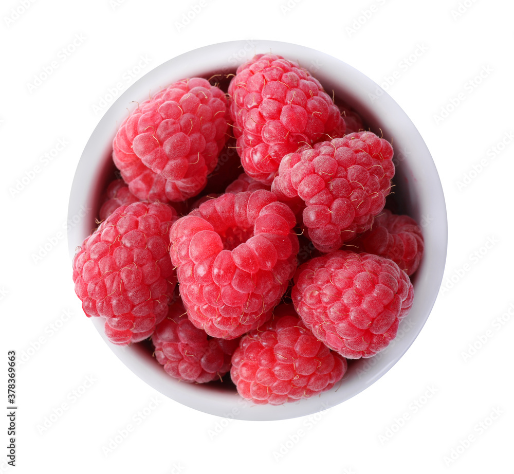 Delicious fresh ripe raspberries in bowl isolated on white, top view Delicious fresh ripe raspberries in bowl isolated on white, top view