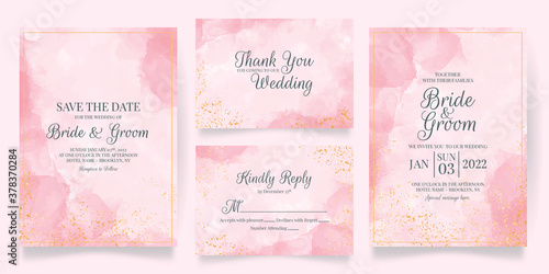 watercolor creamy wedding invitation card template set with golden floral decoration 
