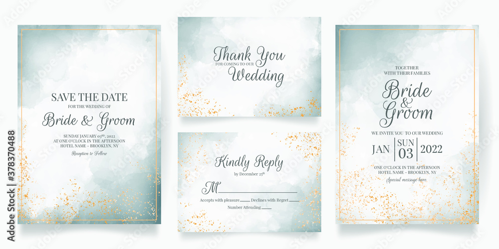 watercolor creamy wedding invitation card template set with golden floral decoration 