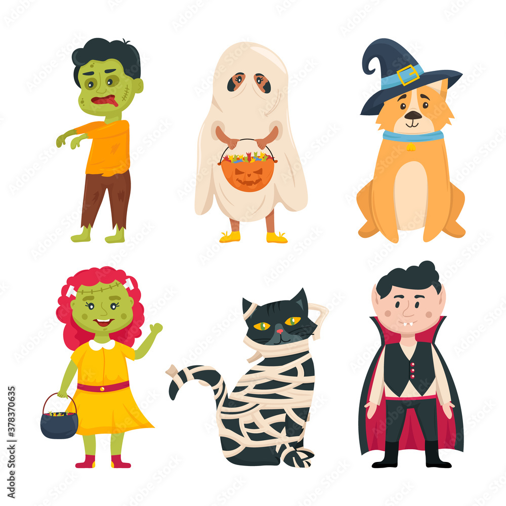 Set of children, cat and dog characters in halloween costumes. Halloween outfits collection. Vector cartoon illustration. Set of children, cat and dog characters in halloween costumes. Halloween outfits collection. Vector cartoon illustration.