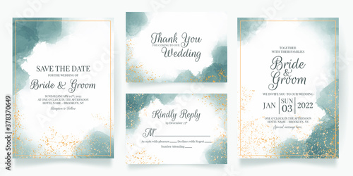 watercolor creamy wedding invitation card template set with golden floral decoration 