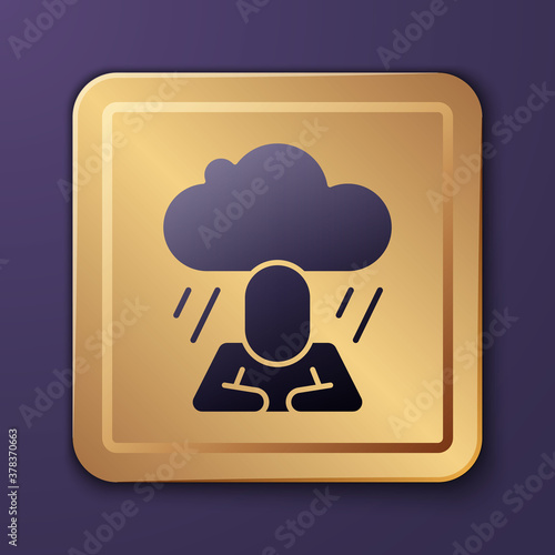 Purple Depression and frustration icon isolated on purple background. Man in depressive state of mind. Mental health problems. Gold square button. Vector.