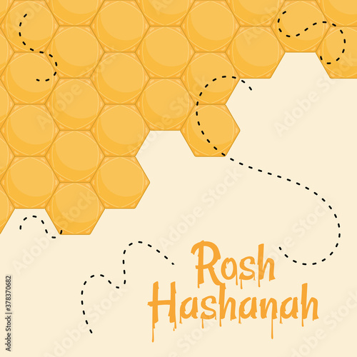 Rosh Hashanah celebration poster. Honeycomb with honey letter - Vector