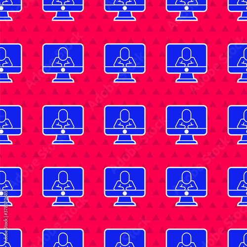 Blue Online psychological counseling distance icon isolated seamless pattern on red background. Psychotherapy, psychological help, psychiatrist online consulting. Vector.