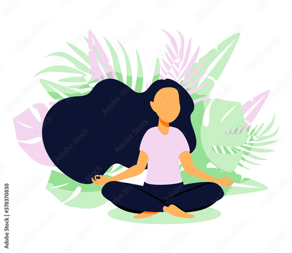 Mindfulness, meditation and yoga background in pastel vintage colors with women sit with crossed legs and meditate. Vector illustration
