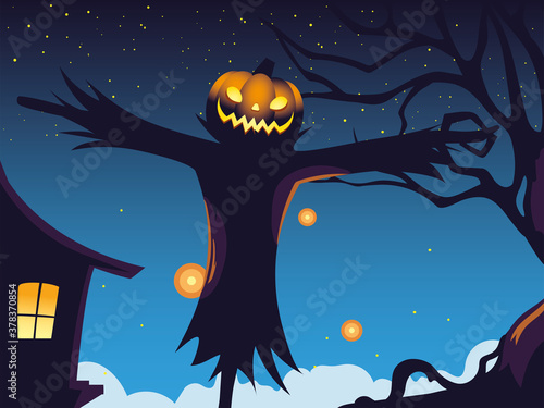 halloween dark night background with scarecrow