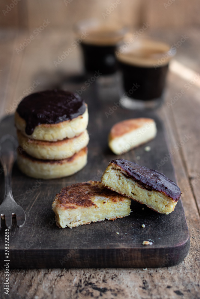 Tofu fritters with chocolate and coffee shot 