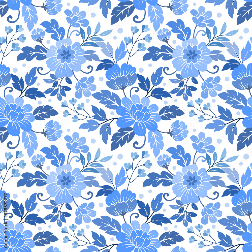 Seamless floral pattern on blue monochrome background fabric textile wallpaper. Seamless floral pattern on blue monochrome background fabric textile wallpaper.