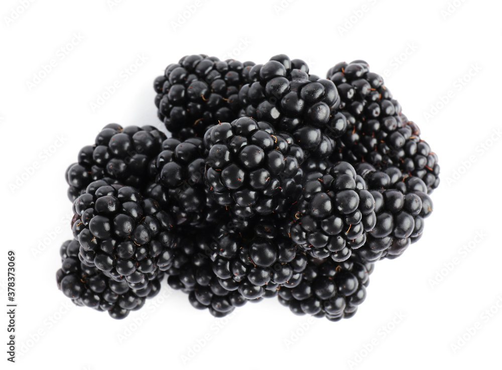Tasty ripe blackberries on white background, top view Tasty ripe blackberries on white background, top view