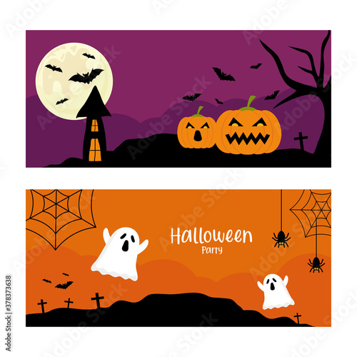 halloween party with pumpkins and ghosts cartoons design, happy holiday and scary theme Vector illustration