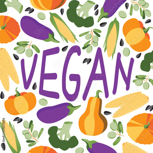 Lettering with text vegan, vegetables on white background, flat vector stock illustration with broccoli, pumpkin, corn, olives as card or poster for vegans, vegetarians