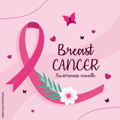 breast cancer awareness pink ribbon with flower and butterfly design, october month campaign theme Vector illustration