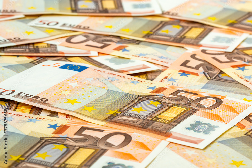 Pile of 50 euro banknotes, european currency Pile of 50 euro banknotes, european currency