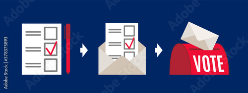 Vote by mail vector manual illustration on blue background. Voting form, envelope, post box. Elections during quarantine concept.