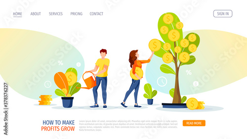 Growing tree with coins. Woman picking cash and man watering the money plant. Profit, income, making money, financial success, investment concept. Vector illustration for banner, poster, website.