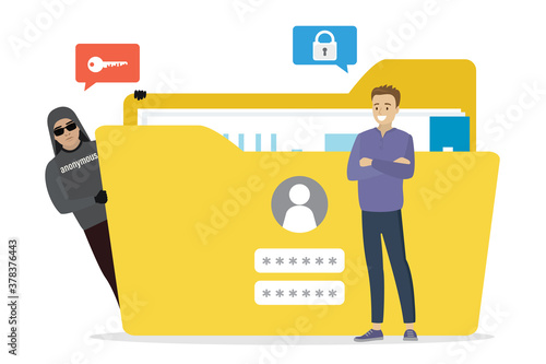 Data protection, effective antivirus or firewall. Sensitive data, happy businessman with yellow folder. Hacker attack, network piracy danger.