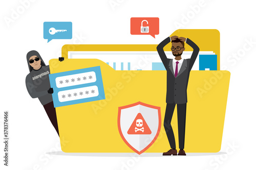 Data protection, ineffective antivirus or firewall. Sensitive data, unhappy businessman with yellow folder. Hacker steals passwords and information.