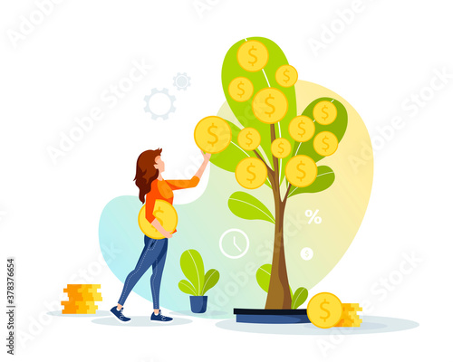 Growing tree with coins and woman picking cash from the money tree. making money Profit and income, financial success, investment concept. Isolated vector illustration for banner, poster, advertising.
