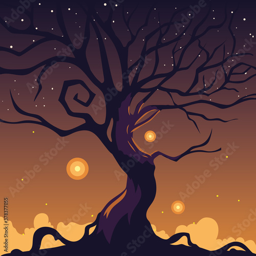 halloween dark night background with an scary tree