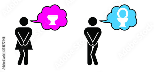 Piss stress. Woman and man standing and want to pee. Closed WC. Stressed people wants to urinate. Persons holding his bladder. Toilet or restroom.