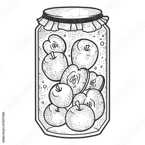 Apple compote. Preservation for the winter. Sketch scratch board imitation.