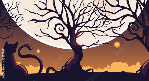 halloween night background with cat and full moon
