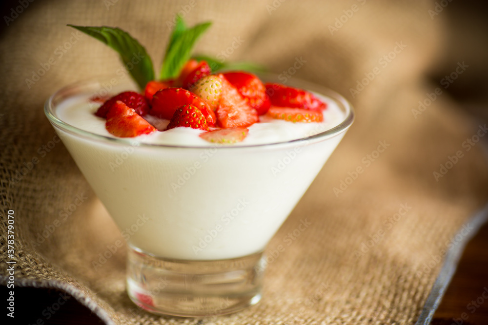 sweet homemade yogurt with red ripe fresh strawberries sweet homemade yogurt with red ripe fresh strawberries